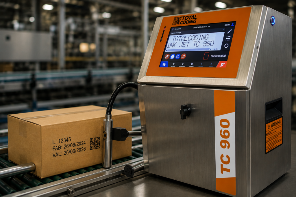 Impressora de jato de tinta contínuo (CIJ) industrial realizando a codificação de caixas em uma linha de produção.