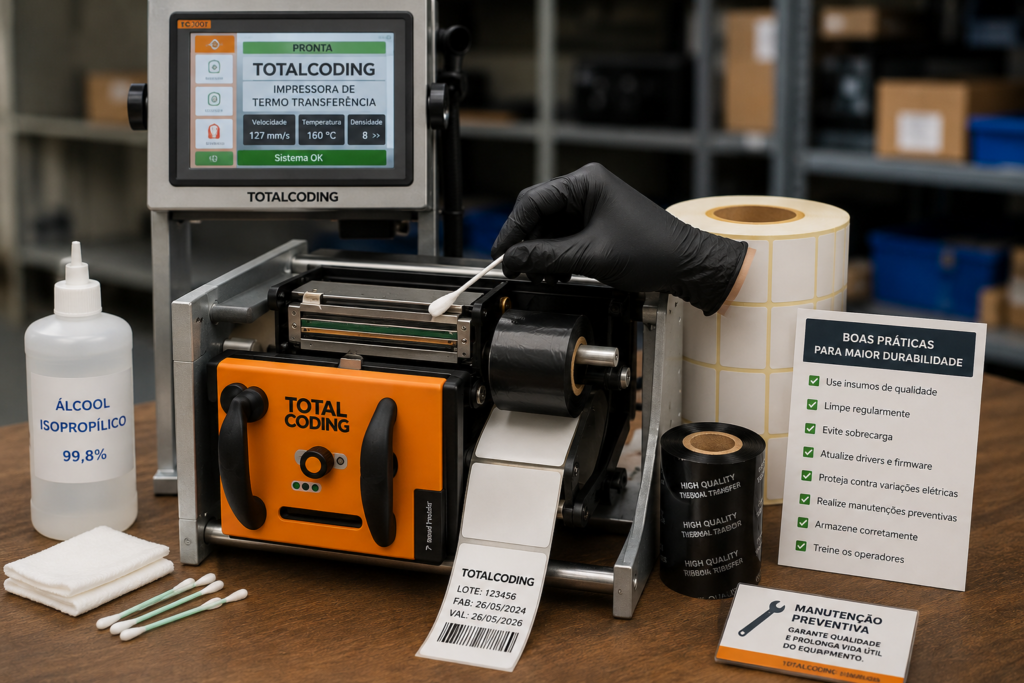 Manutenção preventiva em impressora de termo transferência industrial para aumentar a durabilidade e o desempenho do equipamento.
