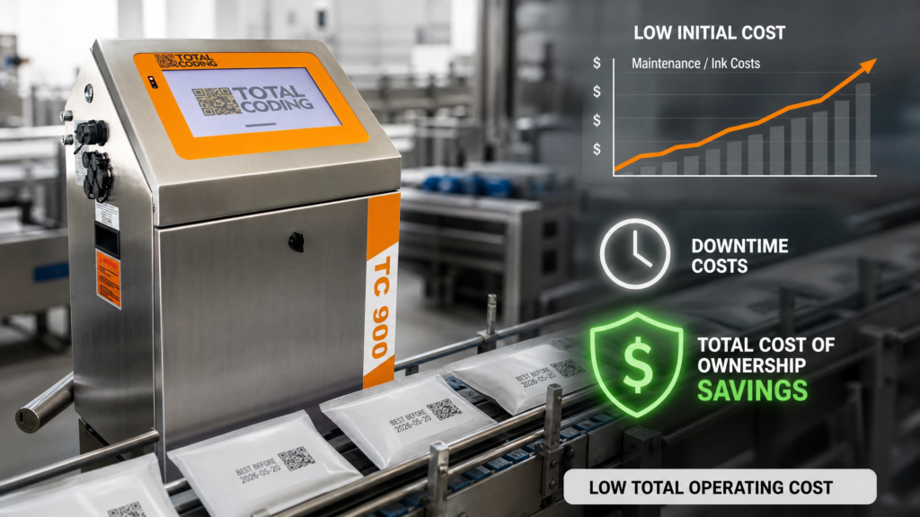 Impressora industrial CIJ em linha de produção mostrando o custo total de operação na codificação industrial